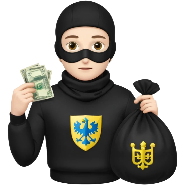 создай белого украинца в черное одежде и черной балаклаве с большим мешком денег с  гермоб страны на нем  emoji