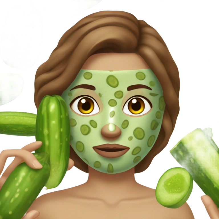 Girl with freackles Brown hair and white skin wears skin care mask Thats Green and on top of that pickle on her closed eyes emoji