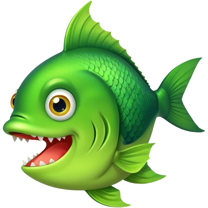 super derpy bright green fish shown from side profile facing right, but with both bulging eyes comically looking at viewer, buck teeth, drooling mouth, flat 2D side view only emoji