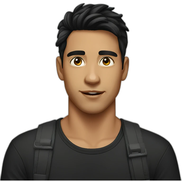 young Australian man, black hair, shaved, black tshirt emoji
