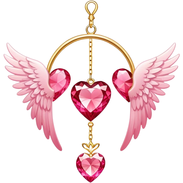 Reddish-pinkish and golden warm-colored romantic lush beautiful pretty hanging crystal-catcher aesthetic with hearts and sparkles and and white angel wings hanging from a gold chain emoji