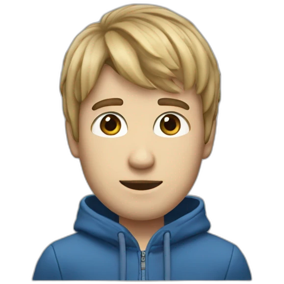 realistic guy he has bangs that go to the right, he has these long bangs that reach his shoulders, he has blue eyes and a blue jacket emoji