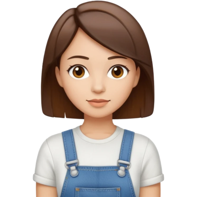 create an emoji of a woman but with short straight brown hair, light skin, dark brown eyes and white top with an overall emoji