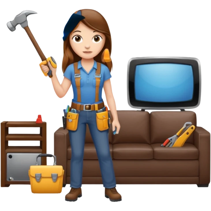 beautiful girl with long brown hair constructing new lounge room area with tv and couch emoji