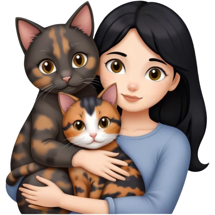girl with black hair hugging three cats  (tortie cat, full gray cat, brown calico cat) emoji