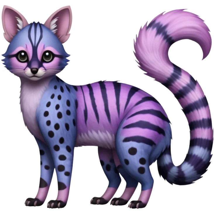 Beautiful fluffy dark gloomy edgy cool pastel elegant spotted dotted thick puffy hyper-realistic lifelike furry Indigo, purple, violet, pink, Civet-Genet-Possum-Serval-Caracal-Sergal-Trico-Numbat-Furret-fusion-Fakemon-hybrid-creature (full body) with long tufted ears and a striped tufted tail  emoji