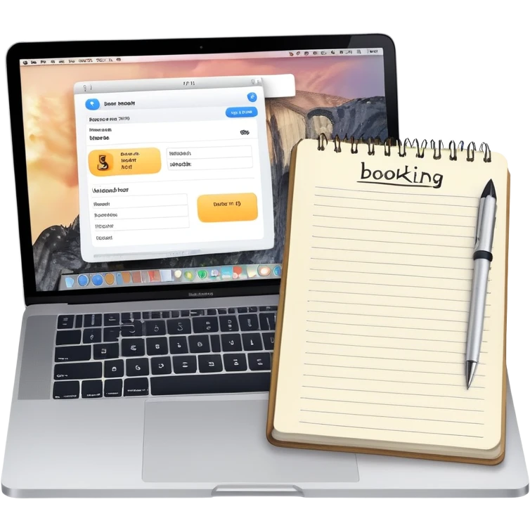 online booking system on MacBook screen next to an old-style paper notebook with a pen, both fully visible, no background, no cut-off edges emoji