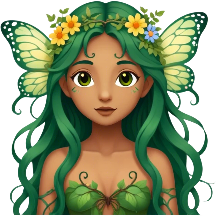 Cinematic Realistic Forest Nymph Fairy portrait, with butterfly wings and depicted with lifelike, sun-kissed tanned skin that radiates an earthy glow, softly illuminated by natural, dappled light. Her long, flowing dark green hair is intricately detailed and interwoven with delicate vines and wildflowers, while her deep, soulful eyes mirror the wisdom of the forest. Dressed in an attire inspired by nature’s palette—with subtle botanical motifs—the portrait exudes a soft, enchanted glow that melds realism with woodland magic. emoji