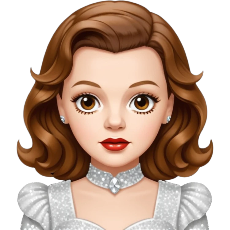 Judy Garland with long brown hair, white sequin outfit emoji