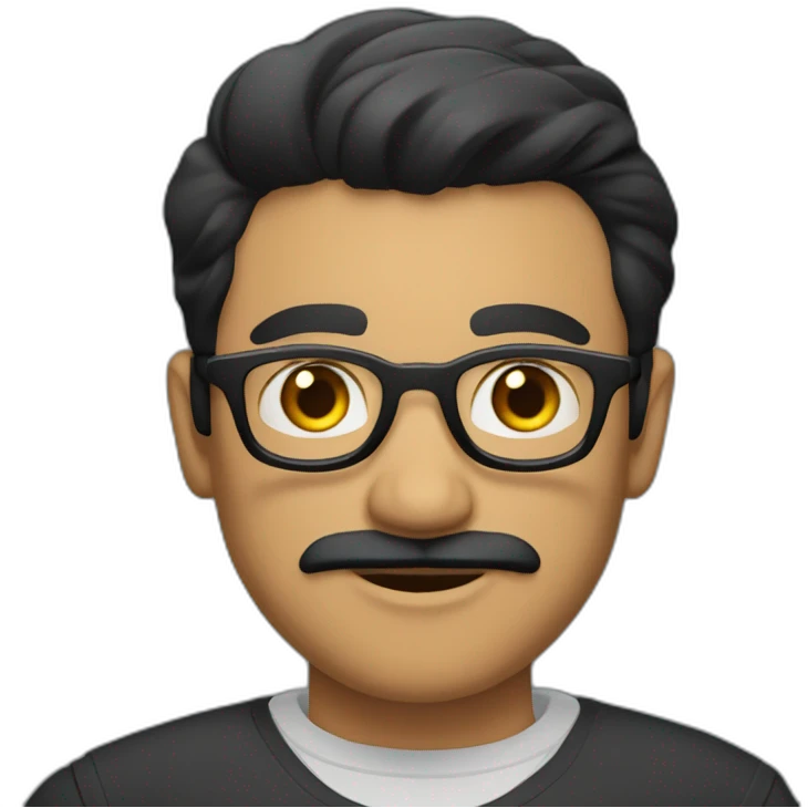 a light skin Pakistani man, wearing round glasses, short moustache, black hair, collared shirt, structured manly face emoji