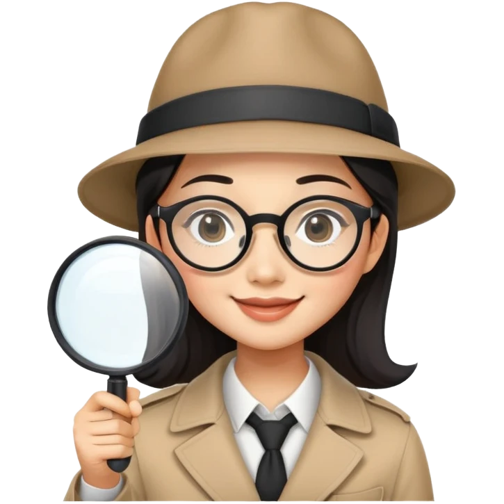 asian girl with large square rectangular black glasses smiling and wearing a detective hat holding a magnifying glass emoji