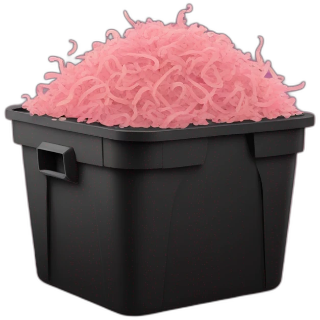 Black cubic plastic container with wood shavings and pink worms inside emoji