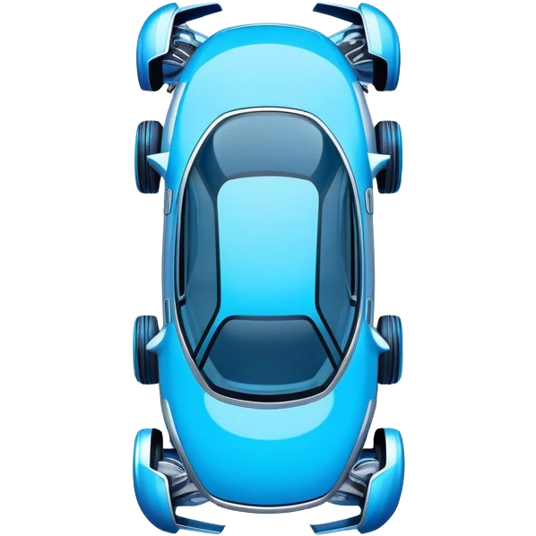 Top-down view of futuristic retro hover car with angular design and glowing blue wheels, flat vector style, minimal color palette with blue highlights emoji