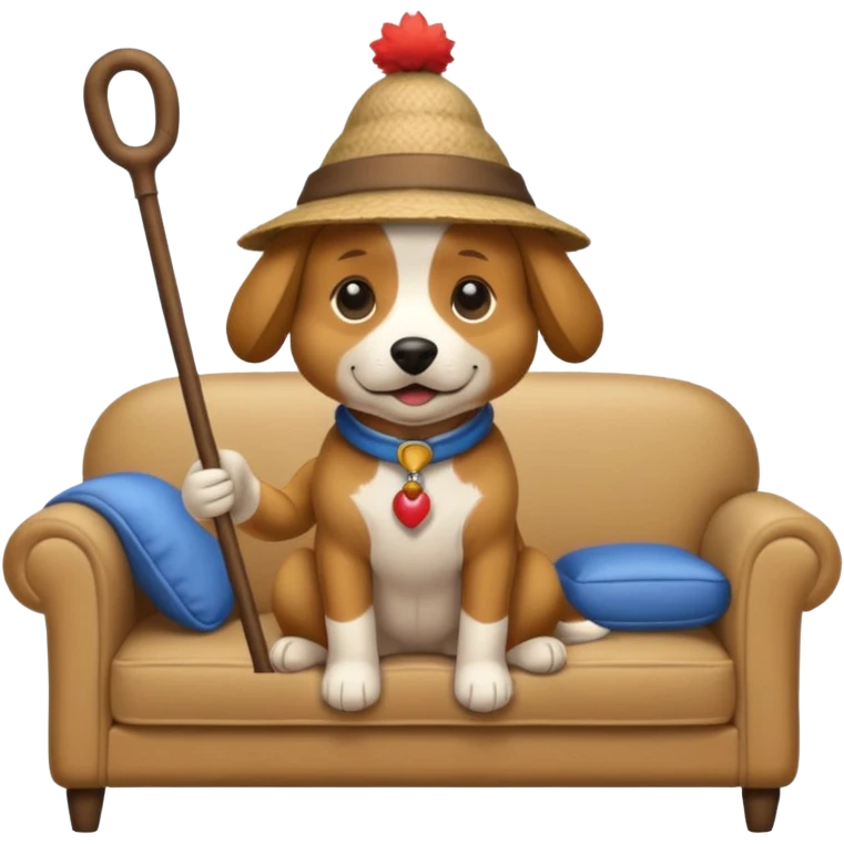 A dog that has a stick hat and a sofa shirt emoji