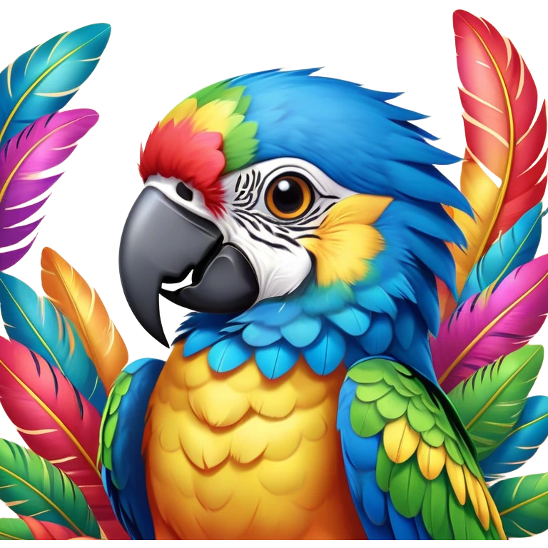 Cinematic Cute Macaw Portrait Emoji, Head tilted playfully and inquisitively, with a dazzling array of colorful plumage and round, sparkling eyes filled with charm, Simplified yet irresistibly adorable features, highly detailed, glowing with a warm, friendly tropical glow, high shine, affectionate and lively, stylized with a touch of whimsical vibrancy, bright and endearing, soft glowing outline, capturing the essence of a mischievous yet loving parrot that seems as if it could flutter out of the screen into your arms! emoji