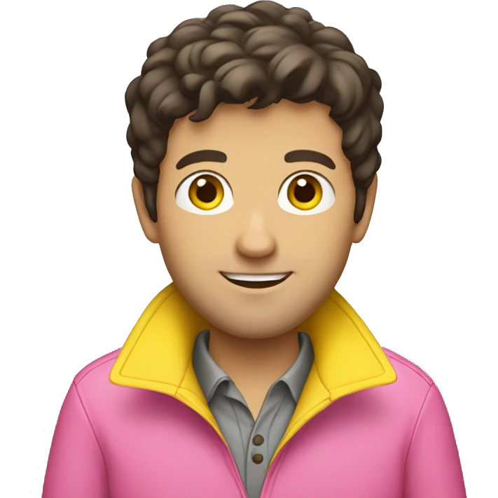 dark brown haired adult man wearing pink polo and yellow raincoat emoji