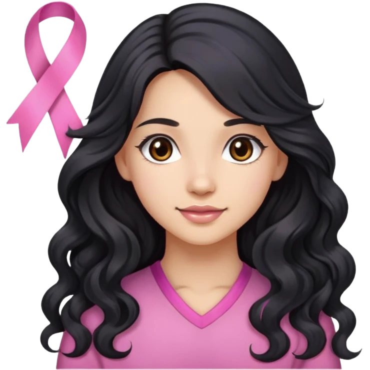 Beautiful girl with long wavy black hair, brown eyes, light skin, slight smile, and pink ribbon in hair emoji