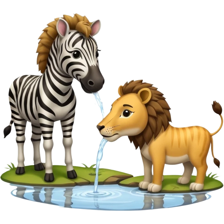 zebra and lion drinking water from pond emoji