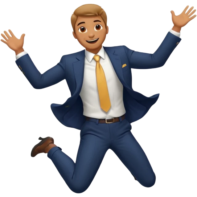 a man in a formal suit jumps with joy emoji
