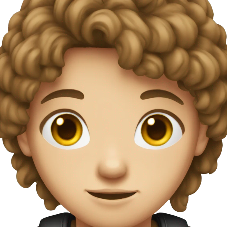 teenager with brown hair and eyes in a black T-shirt with hair back emoji