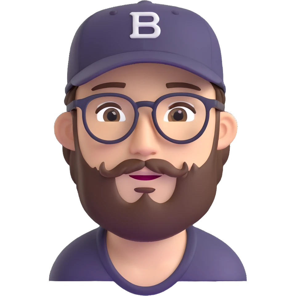adventurer with small beard, glasses and backwards baseball cap emoji