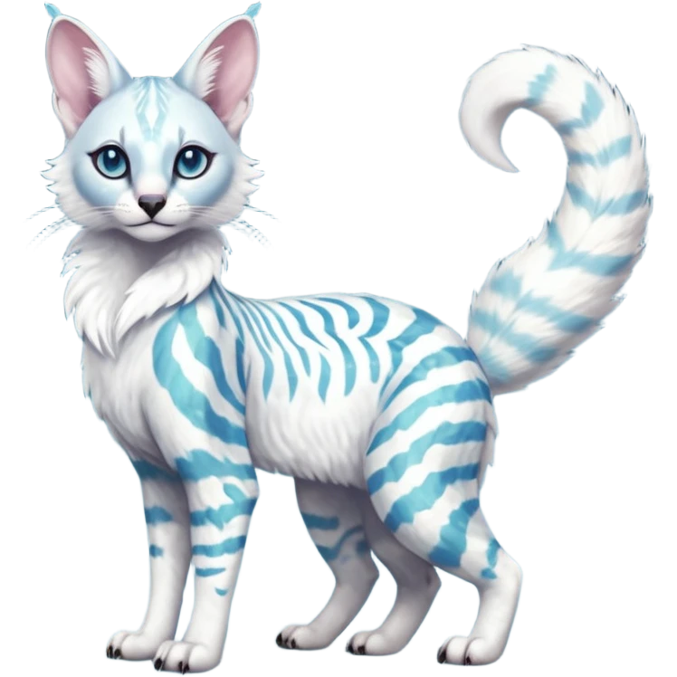 Colorful tropical pearly-albino-white iridescent glorious divine exotic cute cool beautiful shiny beautiful fantasy-caracal-civet-genet-sergal-vernid-Cacomistle-oncilla-animal-Fakémon-hybrid-fursona with tufted ears (full body) emoji