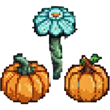 heart with a small mushroom on the left and a pumpkin on the right, vibrant colors, pixel art style emoji