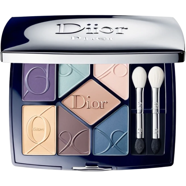 A 9-shade Dior eyeshadow palette with cool tones, embossed logos, and a clear lid. emoji