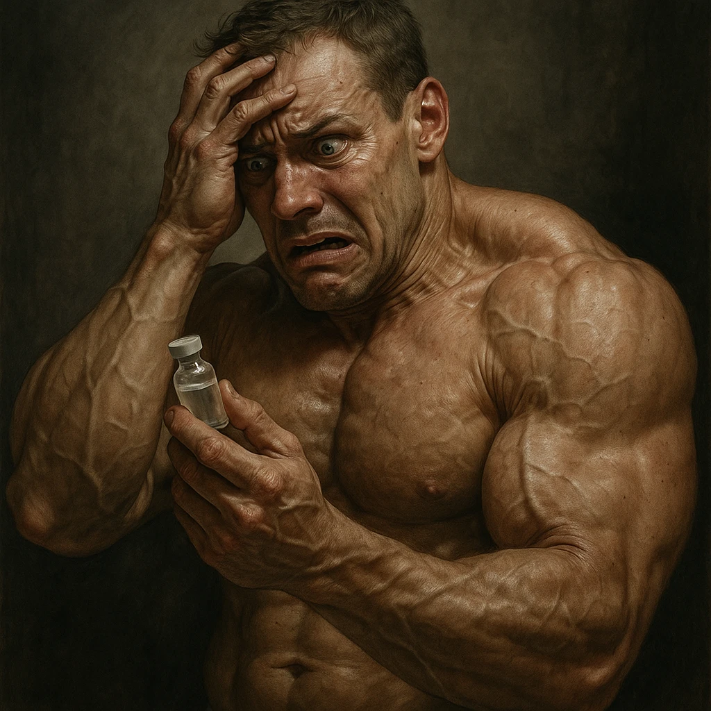  bodybuilder che si fa prendere dalla paura e fa cavolate, come una fiala ogni 2 settimane finisce che sopprimi comunque l'HPT ma senza alcun risultato visibile, iperealistica emoji