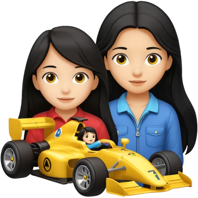 black long black haired girl kid playing yellow colored formula 1 car toy emoji