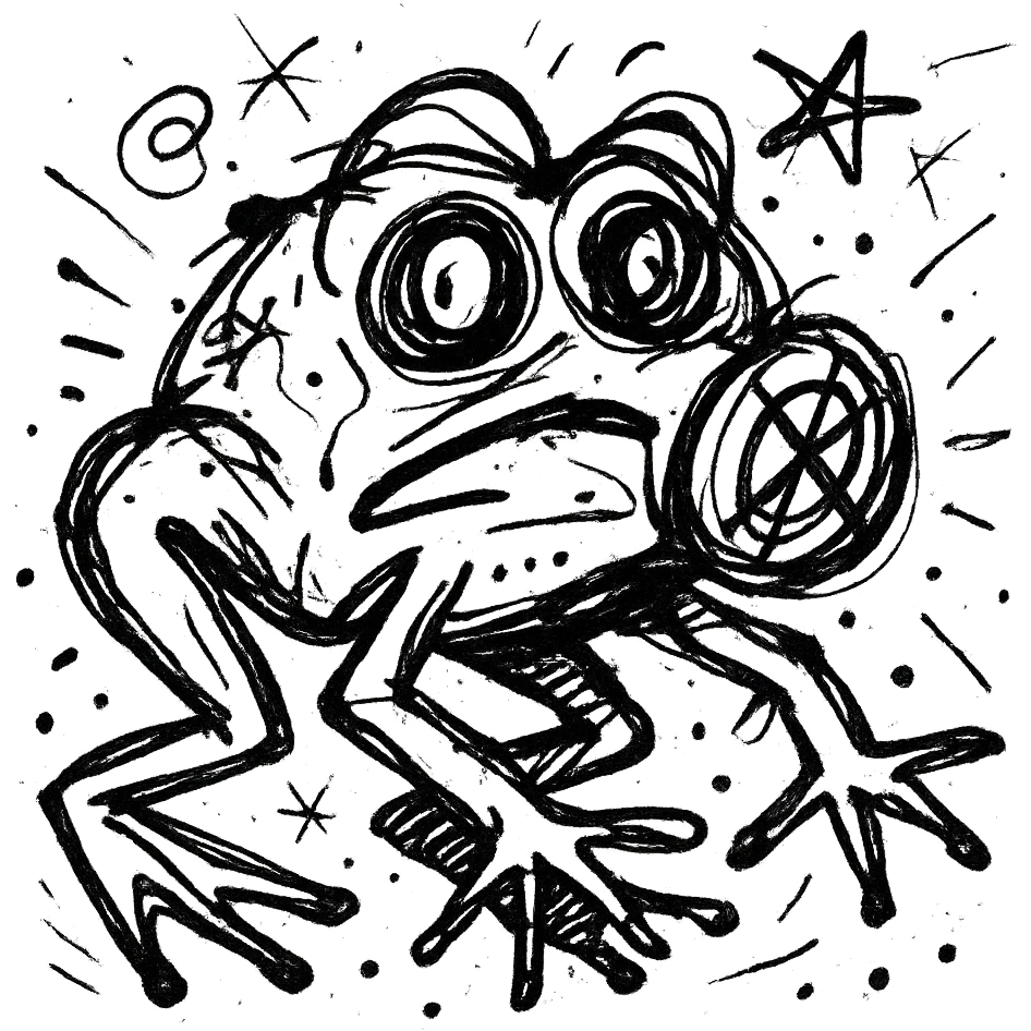a frog wearing a gas mask, creeping around emoji