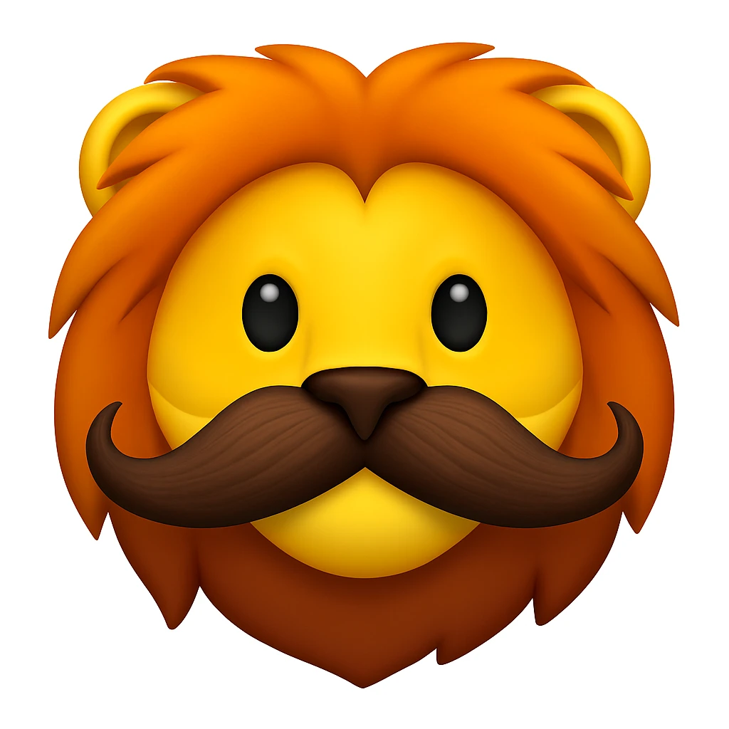 Make a lion emoji exactly like the reference image, in iOS emoji style. Same face, mane, and mustache, smooth and shiny. emoji