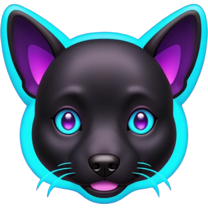 futuristic glowing black dog emoji, neon cyan eyes, purple #8B5CF6 highlights, tech minimal style, dark background emoji