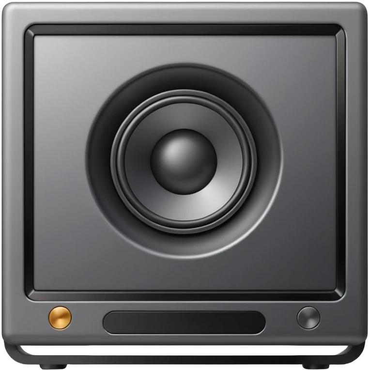 Minimal emoji icon of a modern metallic studio monitor, front view, detailed geometry, dark metallic body, subtle highlights, isolated emoji