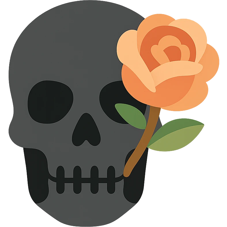 A dark, grey skull with sharp, angular features and a mysterious, haunting aura, featuring a rose delicately placed in one of its hollow eye sockets. The skull is in shades of grey, accented with soft tones of golden orange (FA9B41), forest green (4A7C5C), muted taupe brown (96775A), and pastel peach (FFCC9A). The rose, vibrant in its peach and orange hues, contrasts with the cold, eerie grey of the skull, its petals unfurling gently around the eye socket. The background is dim and shadowy, with a faint, mystical glow illuminating the skull and rose, adding to the gothic and slightly surreal atmosphere. The scene feels both haunting and beautiful, with a touch of elegance. emoji