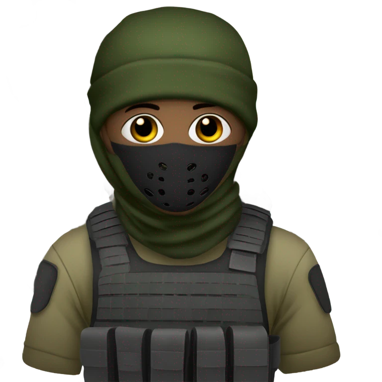 male, tall, white skin, black mask, green camo tactical gear, combat boots, black beanie, hazel eyes emoji