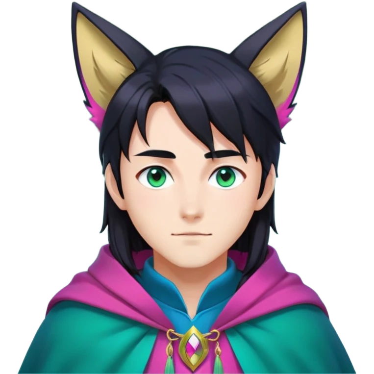 anime man with long-straight-dark-black hair, long black fox ears with pink Scapha, colorful-gradient-brown-turquoise eyes, gold earring, dark-blue-sweater, green cape,  emoji