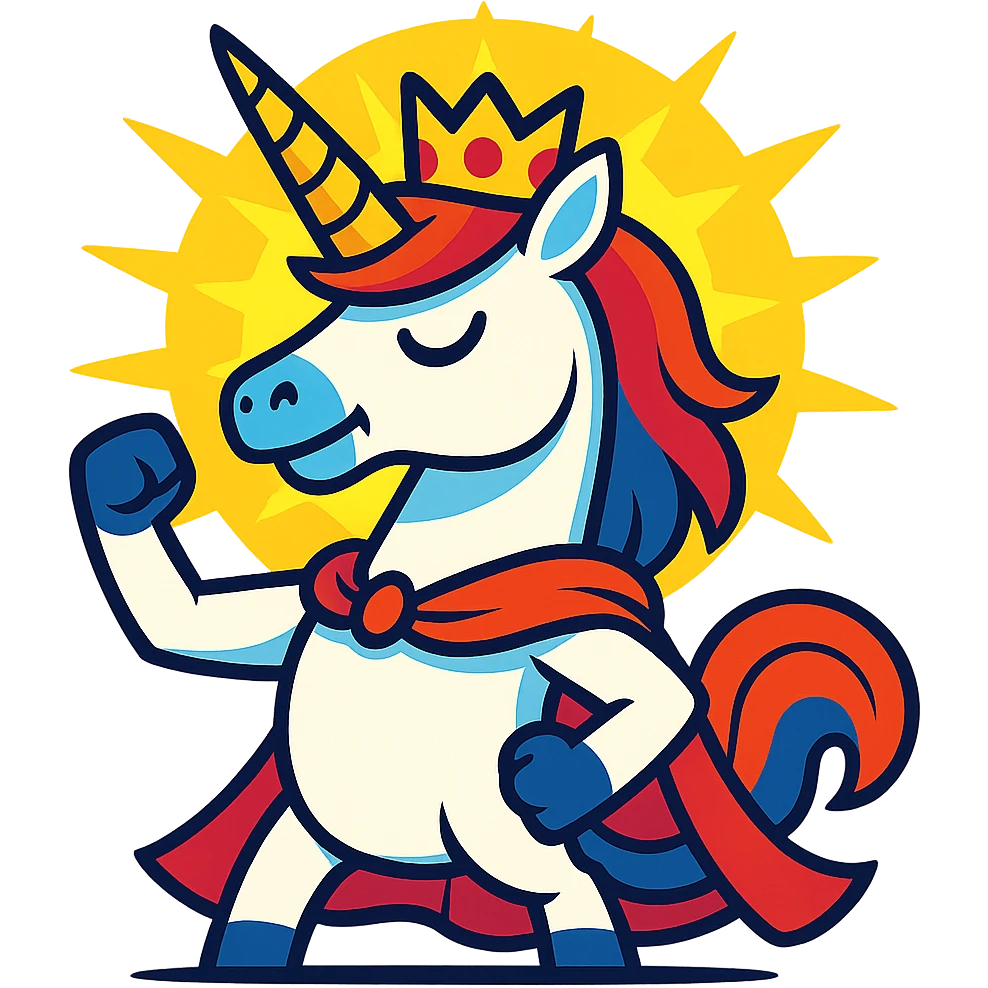 unicorn king standing triumphantly wearing a crown with a bright glowing aura behind symbolizing flawless victory and world conquest emoji