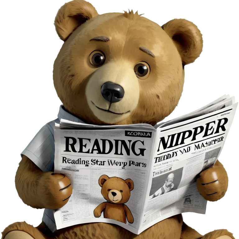 Teddy bear lifelike reading a newspaper by himself at a large luxurious round table emoji