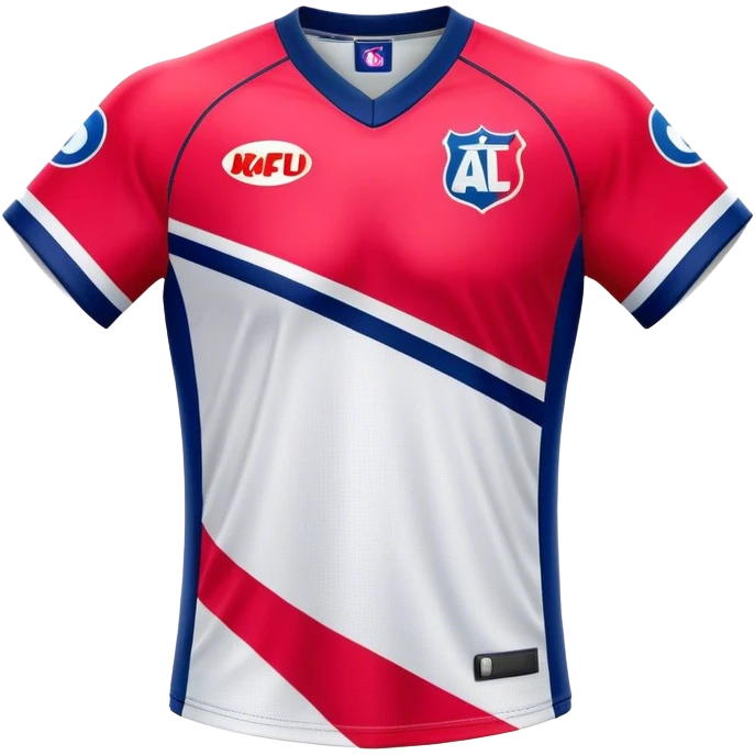 Cinematic Realistic image of an AFL jersey rendered in vibrant team colors with detailed fabric textures and dynamic creases, illuminated by bold, stadium lighting that accentuates its sporty character emoji