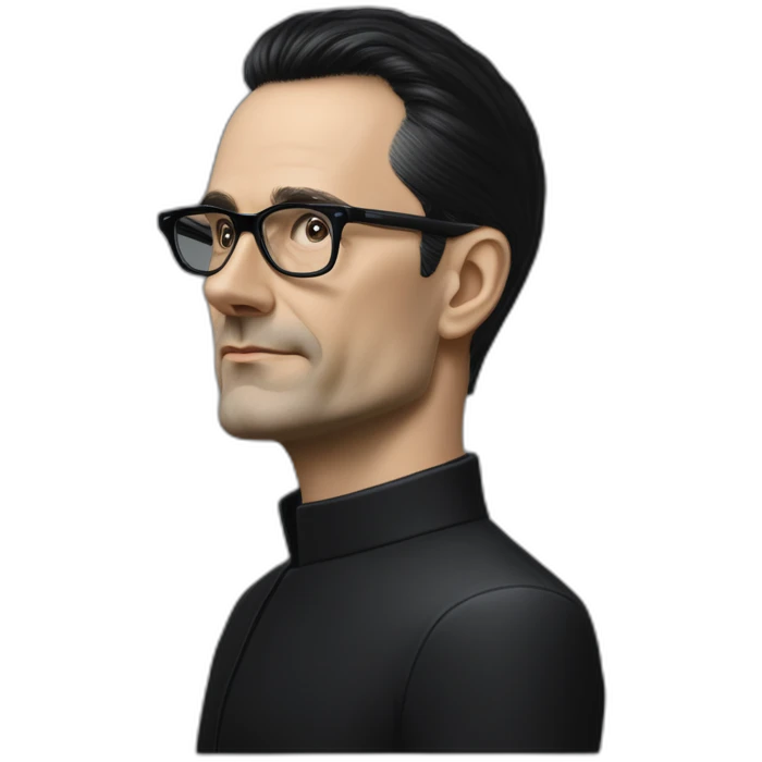 small photo realistic Ralf Hutter from Kraftwerk, short straight black hair, Dark Brown eyes, black glasses, thin, black shirt, side view, riding open top black tesla emoji