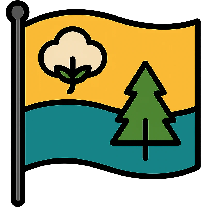 flag design featuring cotton and tree patterns, stylized, simple, clear symbolism emoji