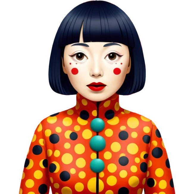 Yayoi Kusama – Cinematic Realistic Portrait of Yayoi Kusama, depicted as an avant-garde artist with an eccentric, captivating expression surrounded by her iconic polka dot patterns, rendered with vivid textures and imaginative lighting that evokes her unique, surreal creative world. emoji