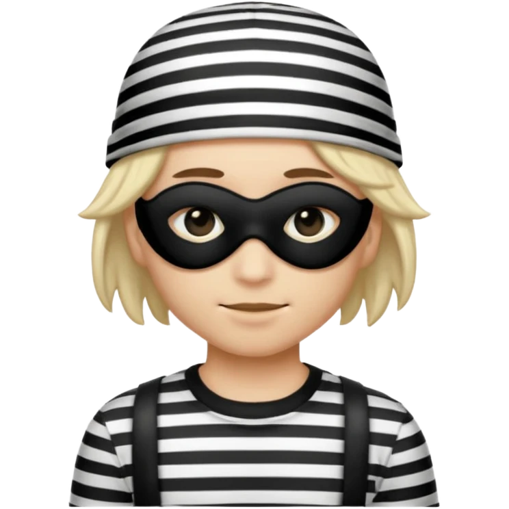 Realistic ios emoji-style portrait of a classic burglar, a black eye mask and a black-and-white striped shirt. Highly detailed, natural skin texture, soft cinematic lighting, realistic shadows, smooth gradients, clean outline, glossy reflections in the eyes. emoji-like hair, burglar’s hat  emoji