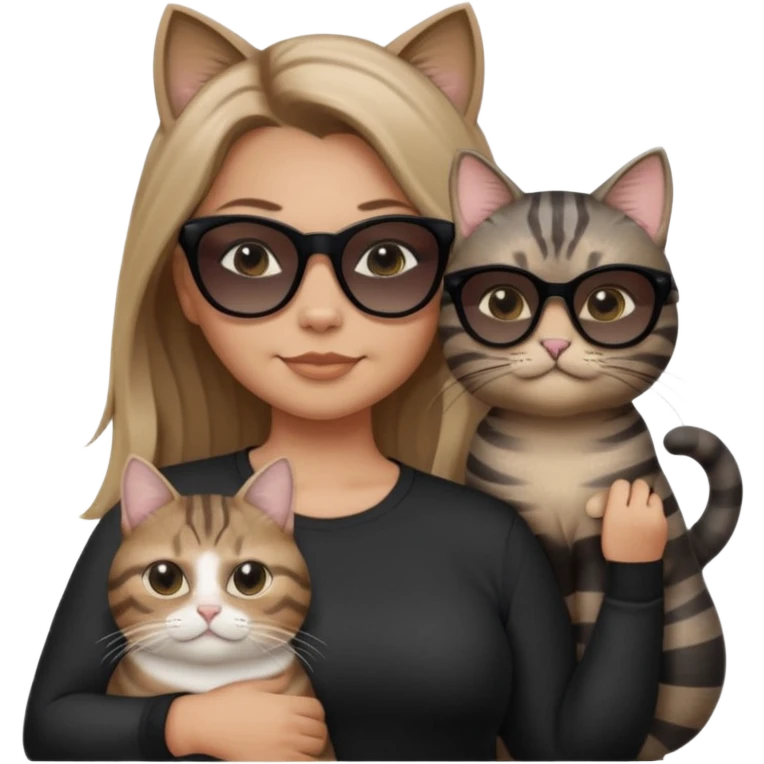 a single white woman with long light brown ombre hair past shoulders, wearing black clothes, smirking, very opaque black sunglasses, standing next to a chubby grey tabby cat with tabby stripes, also smirking and wearing very opaque black sunglasses, both centered together, simple neutral background emoji
