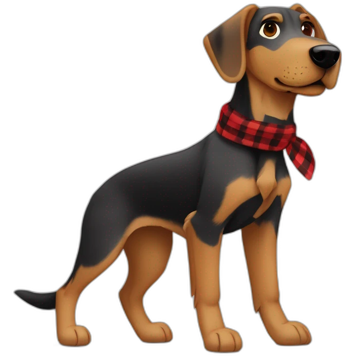 adult 75% Coonhound 25% German Shepherd mix dog with visible tail wearing small pointed red buffalo plaid bandana full body walking left quickly emoji
