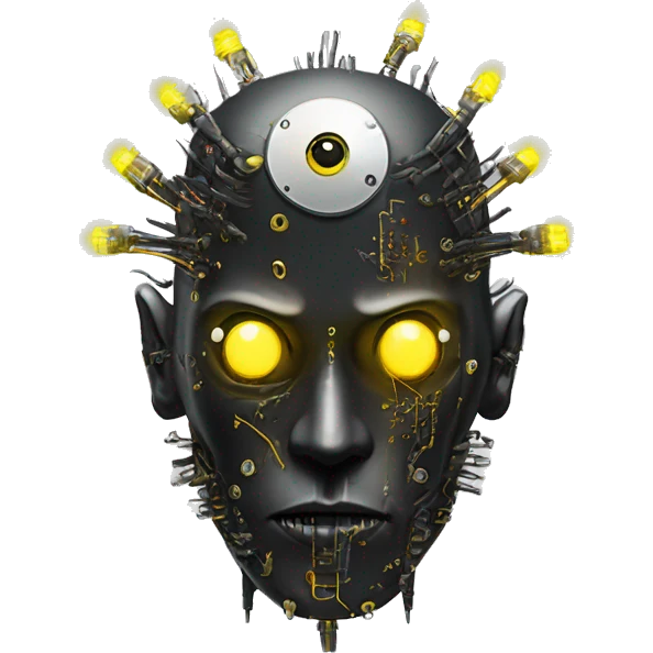 black metal cyborg head with circuitry, one artificial eyeball, and yellow Mohawk goatee emoji