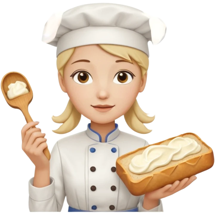 Young female baker - white chef hat, holding cream piping bag to milk oil on bread emoji
