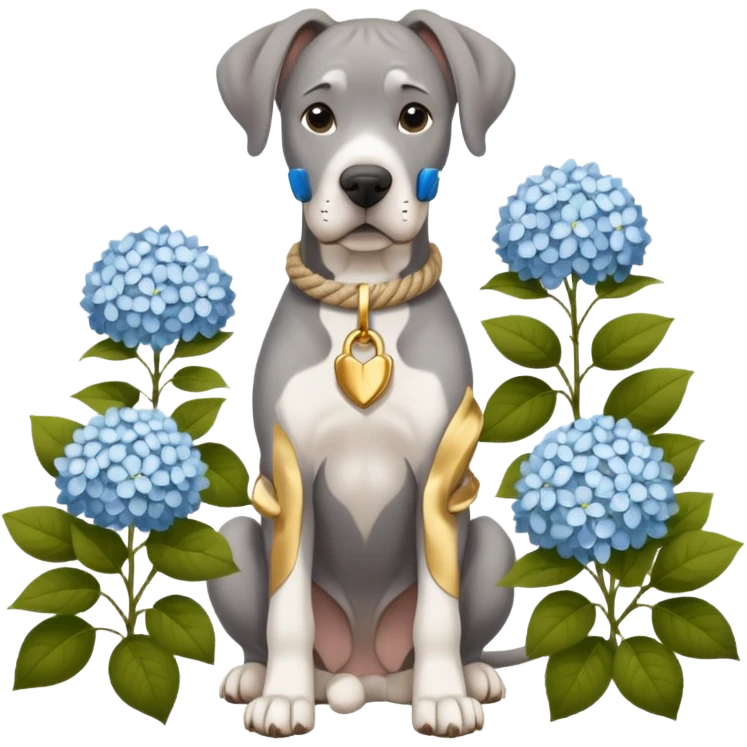 Gray Great Dane with natural ears white rope collar and rope Leash with gold accents sotting near a white hydrangea bush  emoji