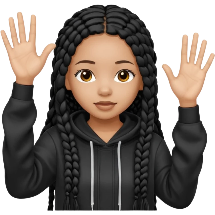 African American girl light skin complextion long black box braids  wearing plain black hoodie with hands raised emoji